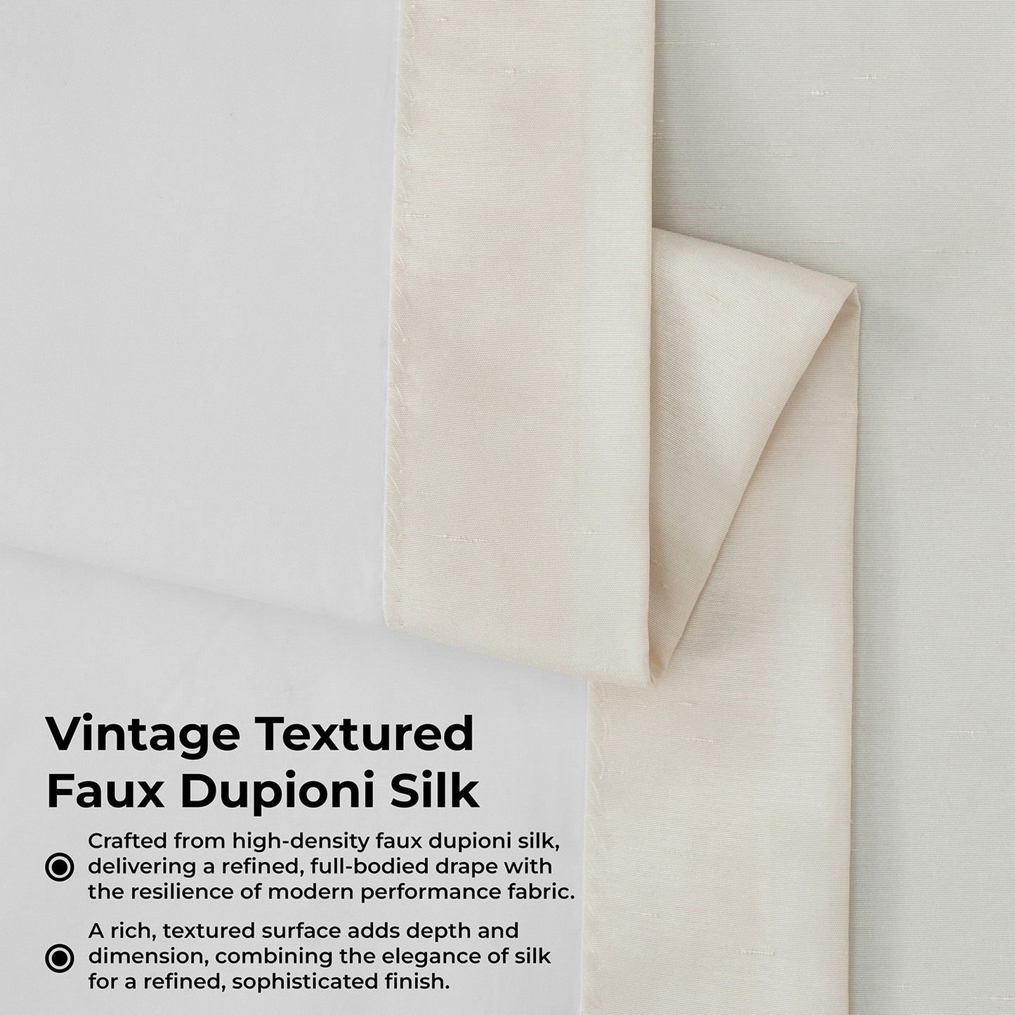 Off White Ruched Vintage Textured Faux Dupioni Silk Room Darkening Curtain