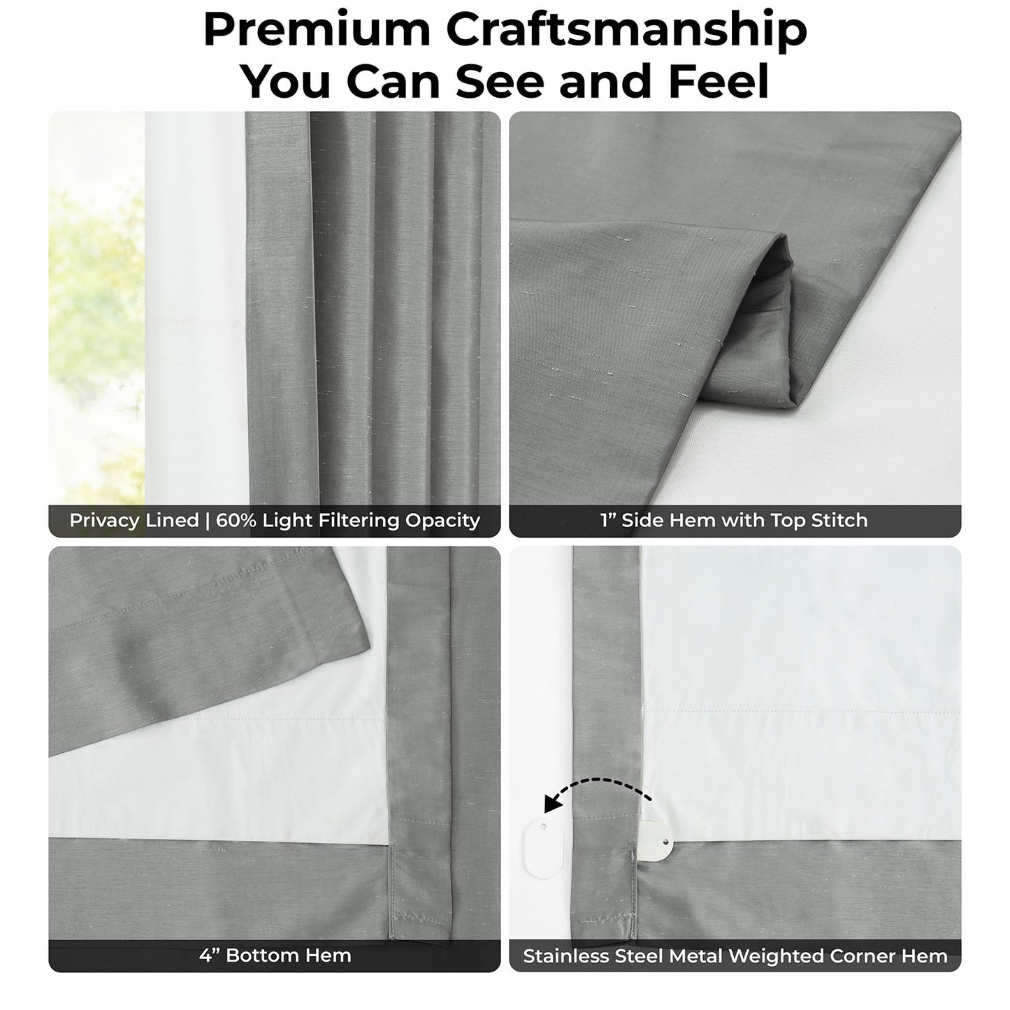 Storm Grey Vintage Textured Faux Dupioni Silk Room Darkening Curtain