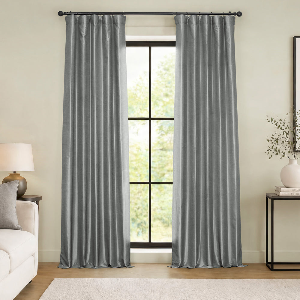Storm Grey Vintage Textured Faux Dupioni Silk Room Darkening Curtain