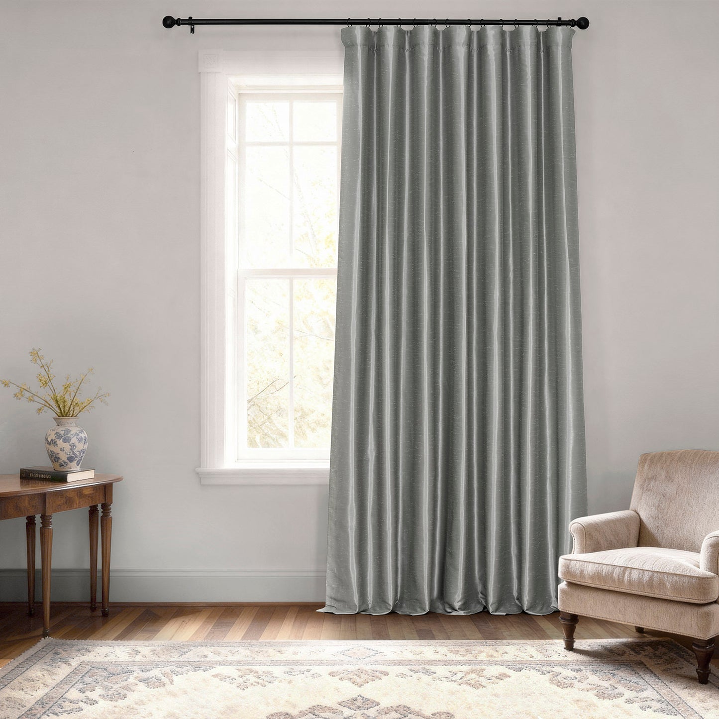 Storm Grey Extra Wide Vintage Textured Faux Dupioni Silk Blackout Curtain