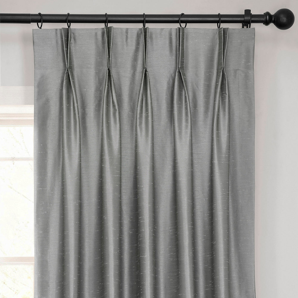Storm Grey French Pleat Vintage Textured Faux Dupioni Silk Blackout Curtain