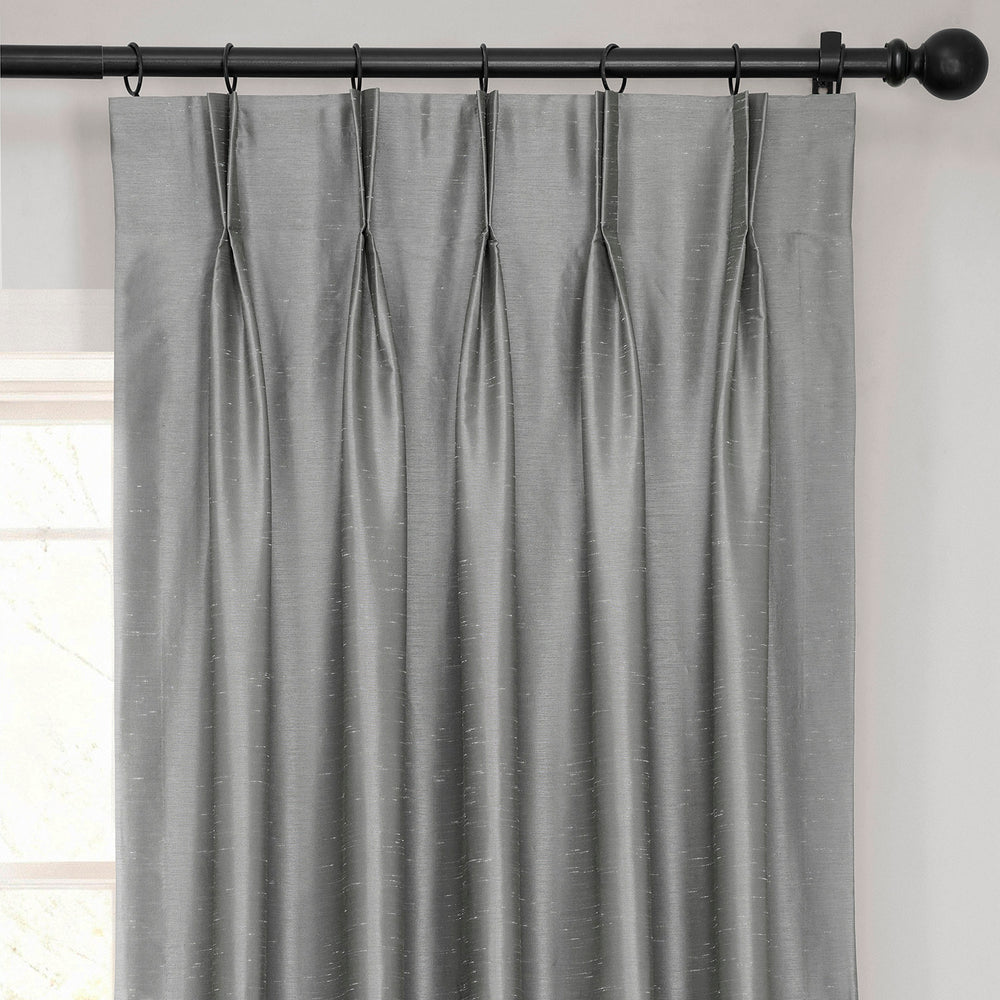 Storm Grey French Pleat Vintage Textured Faux Dupioni Silk Blackout Curtain
