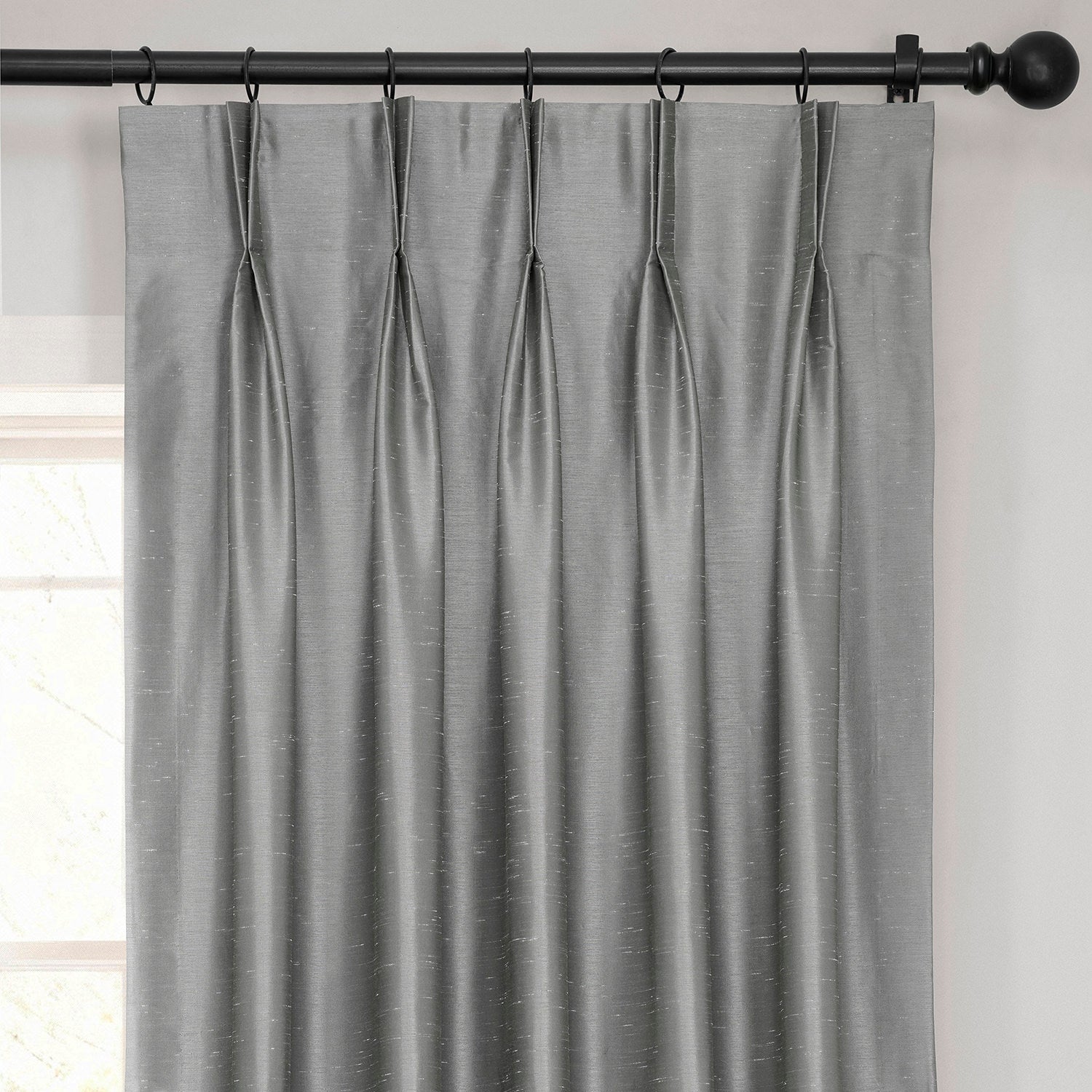 Storm Grey French Pleat Vintage Textured Faux Dupioni Silk Blackout Curtain