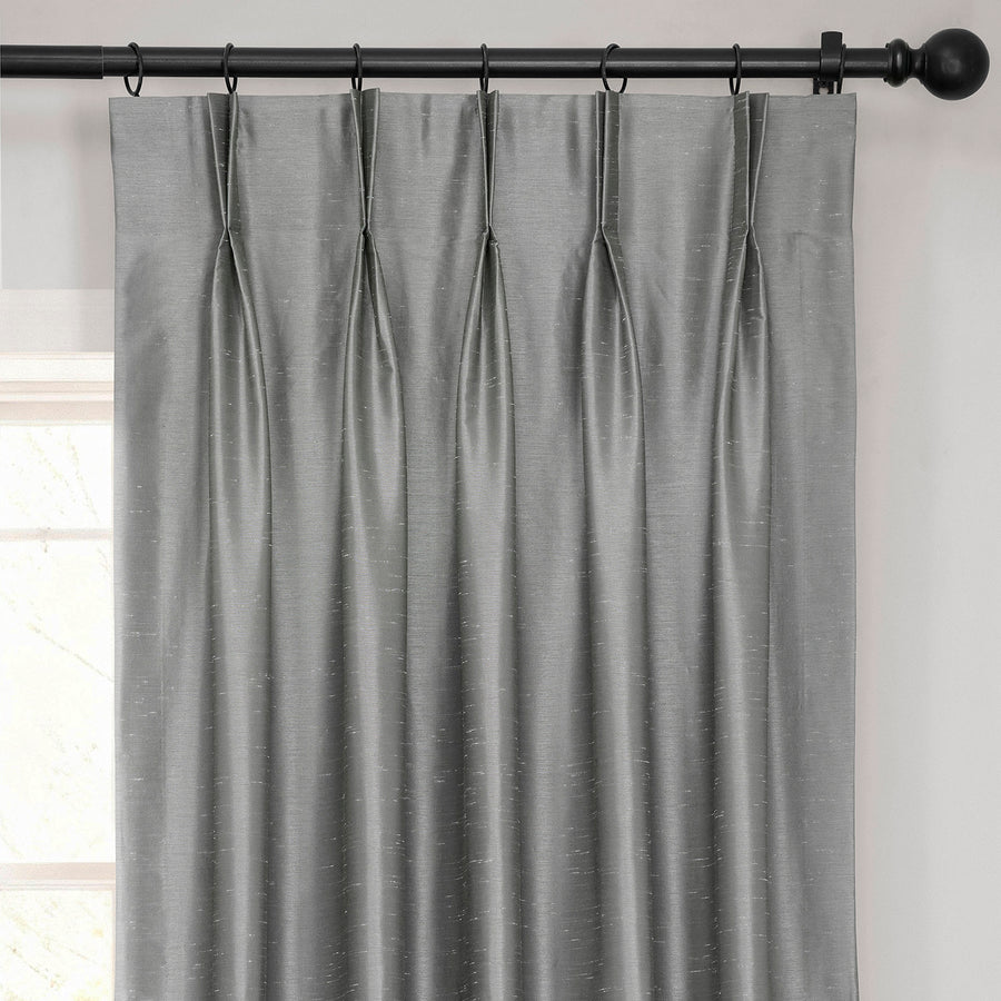 Storm Grey French Pleat Vintage Textured Faux Dupioni Silk Blackout Curtain