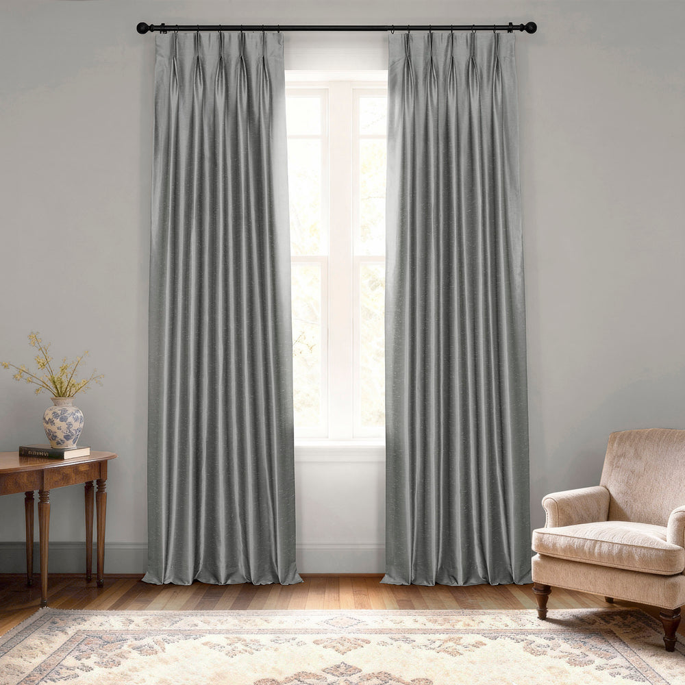 Storm Grey French Pleat Vintage Textured Faux Dupioni Silk Blackout Curtain