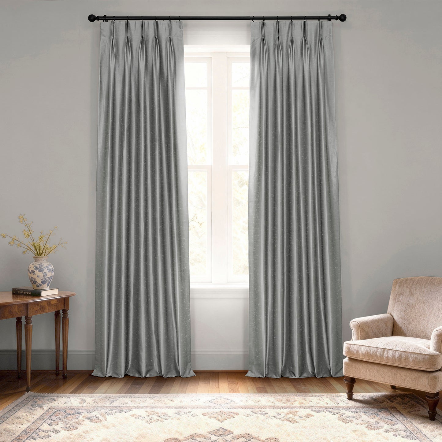 Storm Grey French Pleat Vintage Textured Faux Dupioni Silk Blackout Curtain