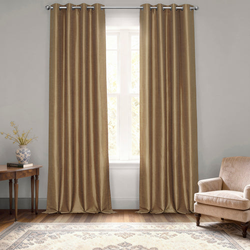 Flax Gold Grommet Vintage Textured Faux Dupioni Silk Blackout Curtain