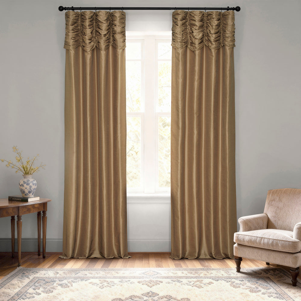 Flax Gold Ruched Vintage Textured Faux Dupioni Silk Curtain