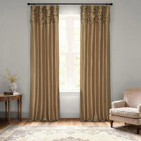 Flax Gold Ruched Vintage Textured Faux Dupioni Silk Room Darkening Curtain