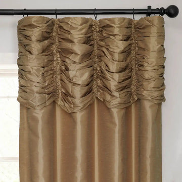 Flax Gold Ruched Vintage Textured Faux Dupioni Silk Room Darkening Curtain