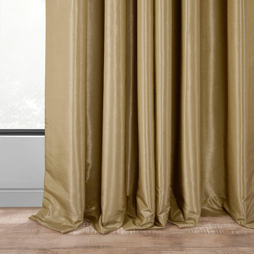 Flax Gold French Pleat Vintage Textured Faux Dupioni Silk Blackout Curtain - HalfPriceDrapes.com