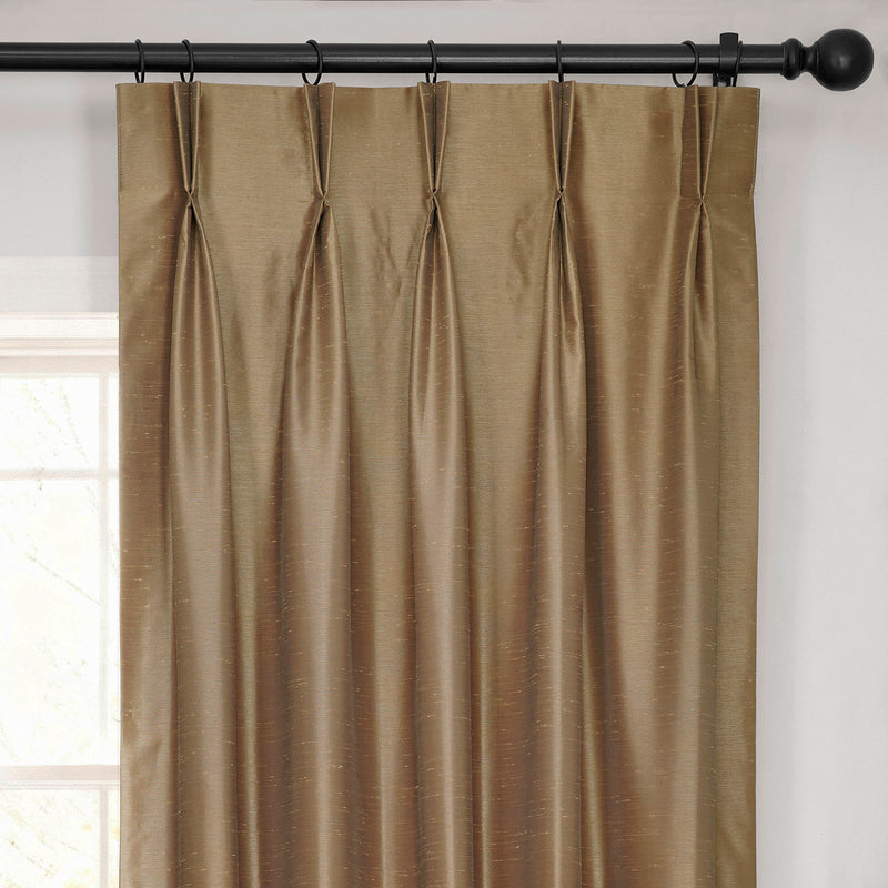 Flax Gold French Pleat Vintage Textured Faux Dupioni Silk Blackout Curtain
