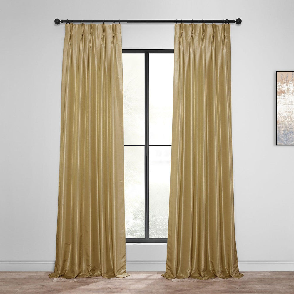 Flax Gold French Pleat Vintage Textured Faux Dupioni Silk Blackout Curtain - HalfPriceDrapes.com