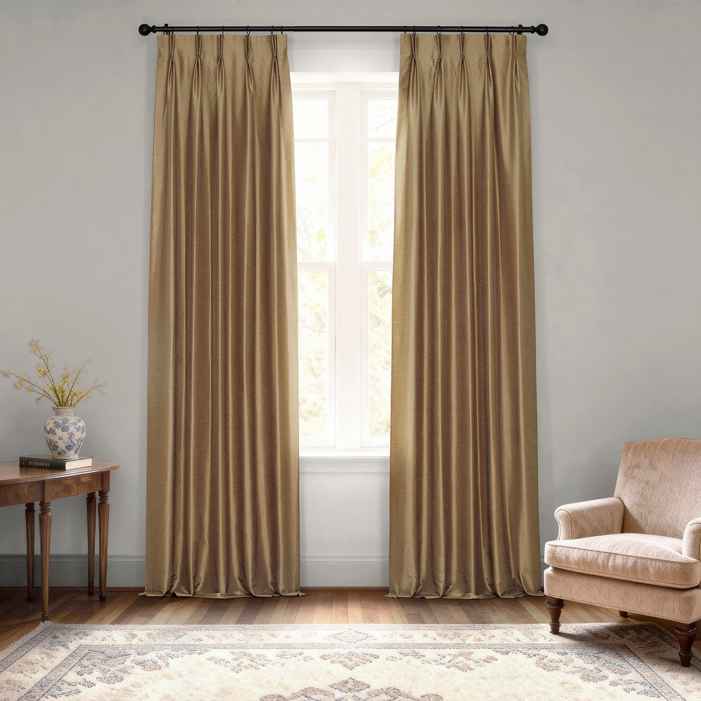 Flax Gold French Pleat Vintage Textured Faux Dupioni Silk Blackout Curtain