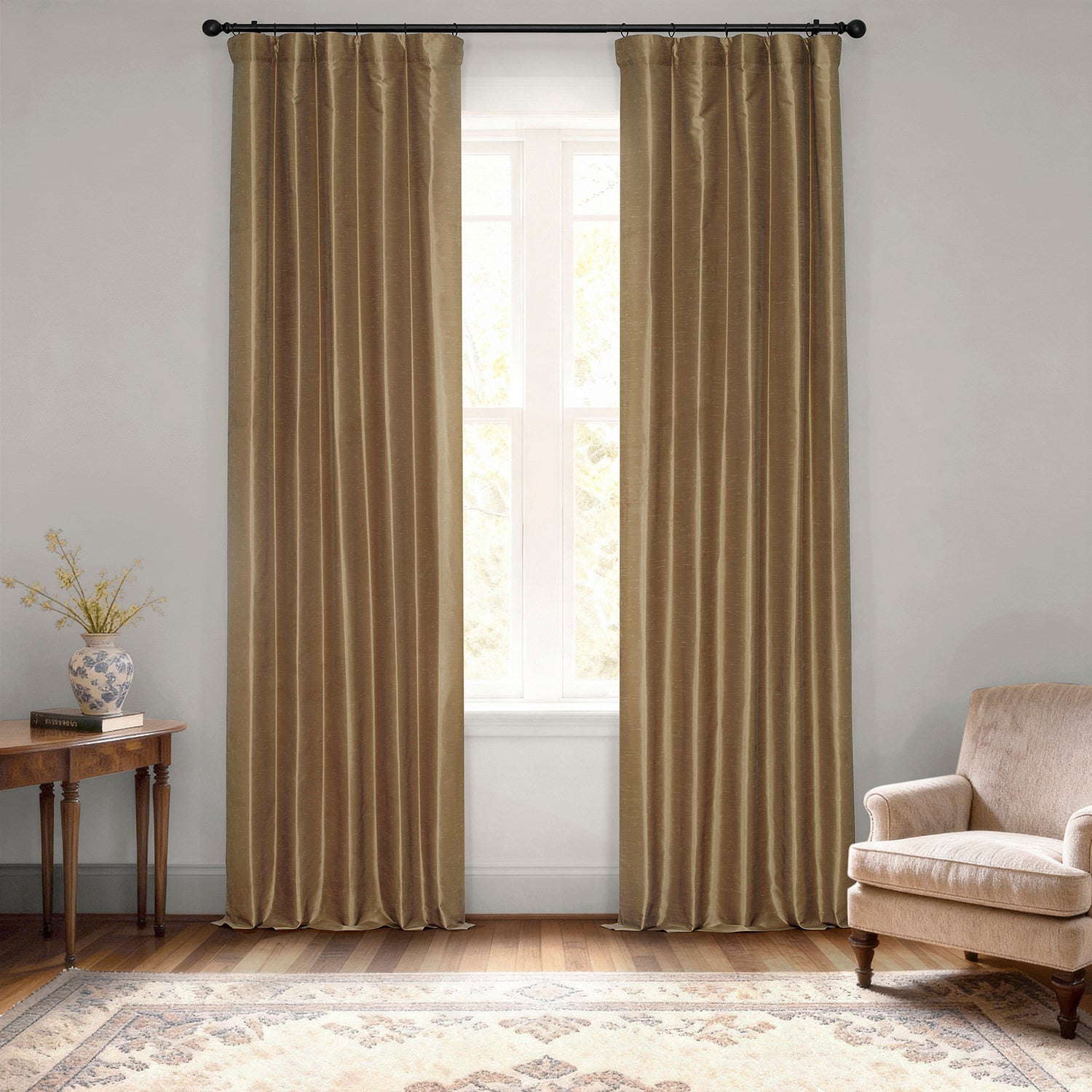 Flax Gold Vintage Textured Faux Dupioni Silk Blackout Curtain