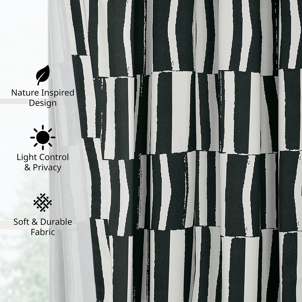 Brushstroke Stripe Black Striped Artisan Bloom Printed Cotton Twill Room Darkening Curtain