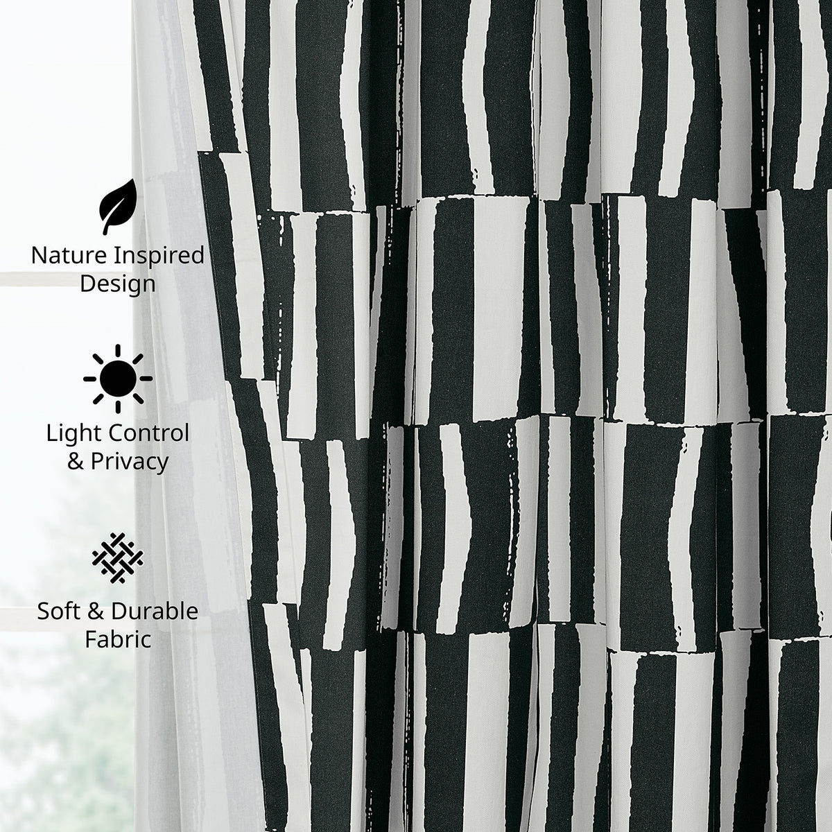 Brushstroke Stripe Black Striped Artisan Bloom Printed Cotton Twill Room Darkening Curtain
