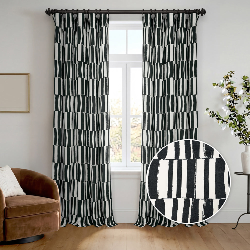 Brushstroke Black Striped Artisan Bloom Printed Cotton Twill Room Darkening Curtain