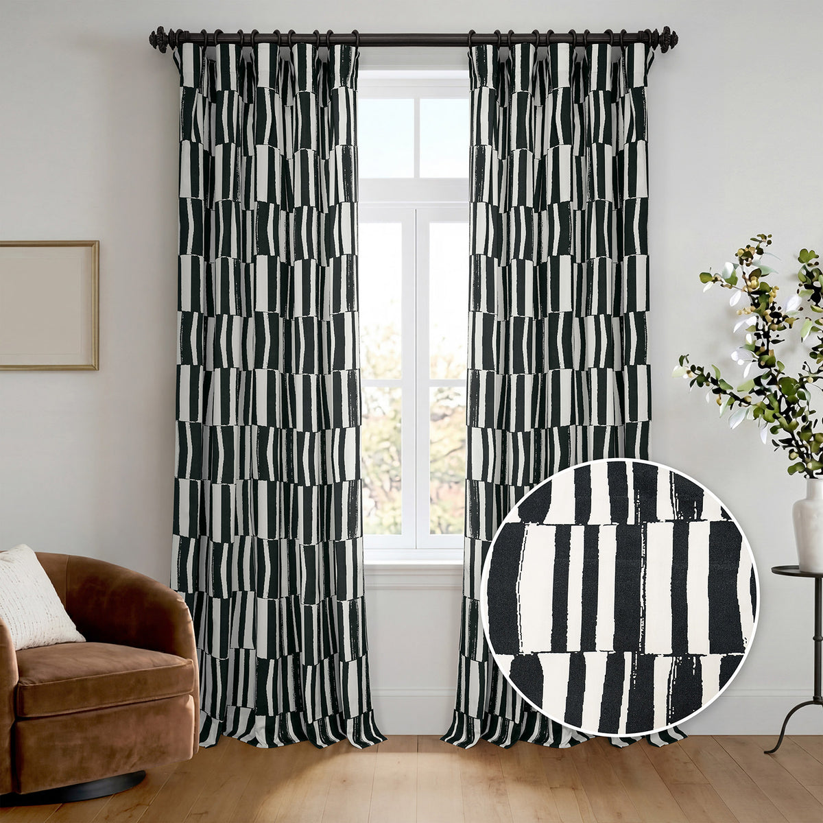 Brushstroke Black Striped Artisan Bloom Printed Cotton Twill Room Darkening Curtain