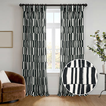 Brushstroke Black Striped Artisan Bloom Printed Cotton Twill Room Darkening Curtain