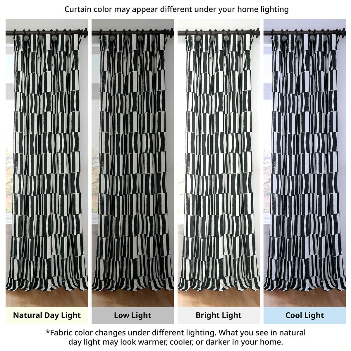 Brushstroke Stripe Black Striped Artisan Bloom Printed Cotton Twill Room Darkening Curtain