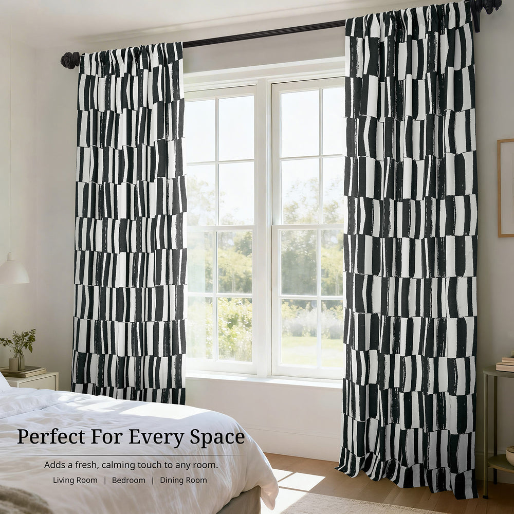 Brushstroke Stripe Black Striped Artisan Bloom Printed Cotton Twill Room Darkening Curtain