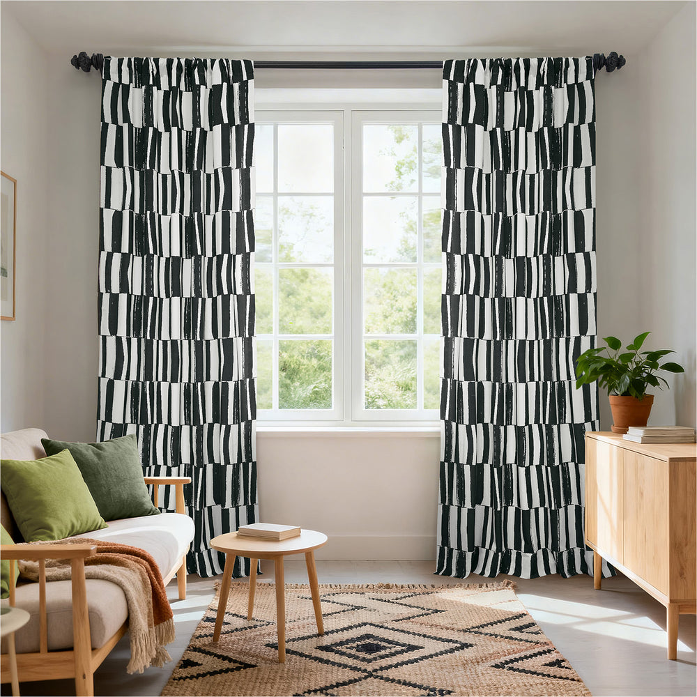 Brushstroke Stripe Black Striped Artisan Bloom Printed Cotton Twill Custom Curtain