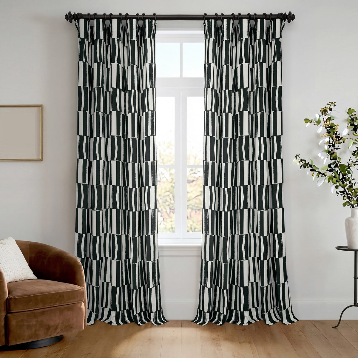 Brushstroke Stripe Black Striped Artisan Bloom Printed Cotton Twill Room Darkening Curtain