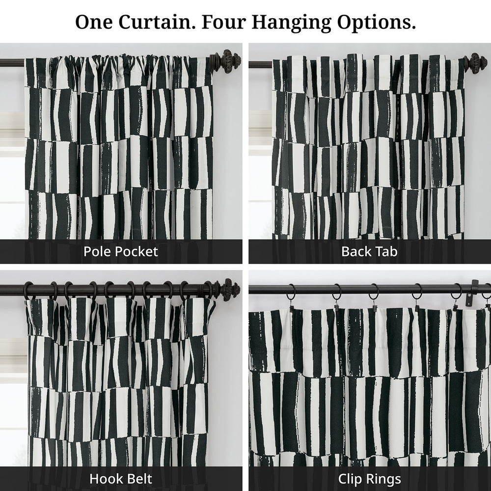 Brushstroke Stripe Black Striped Artisan Bloom Printed Cotton Twill Room Darkening Curtain