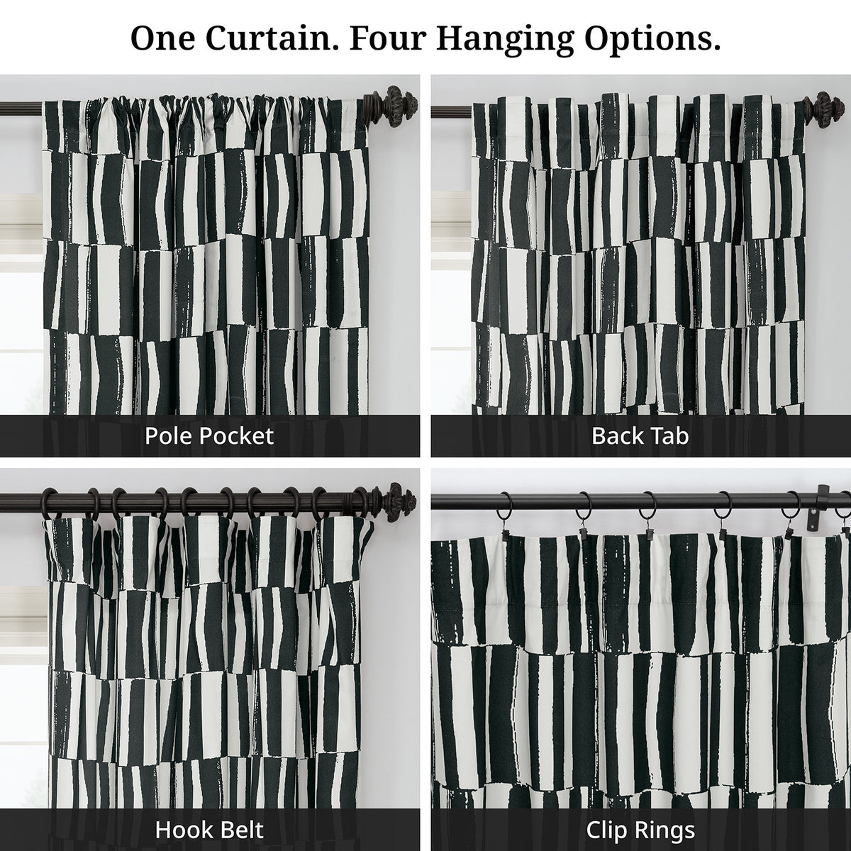 Brushstroke Stripe Black Striped Artisan Bloom Printed Cotton Twill Room Darkening Curtain