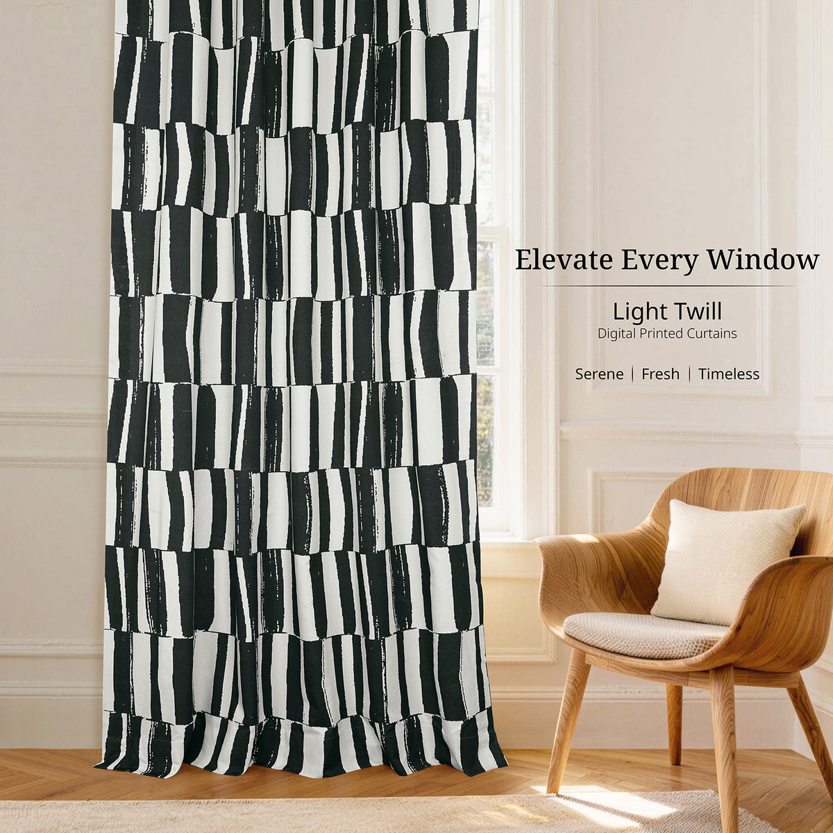 Brushstroke Stripe Black Striped Artisan Bloom Printed Cotton Twill Room Darkening Curtain