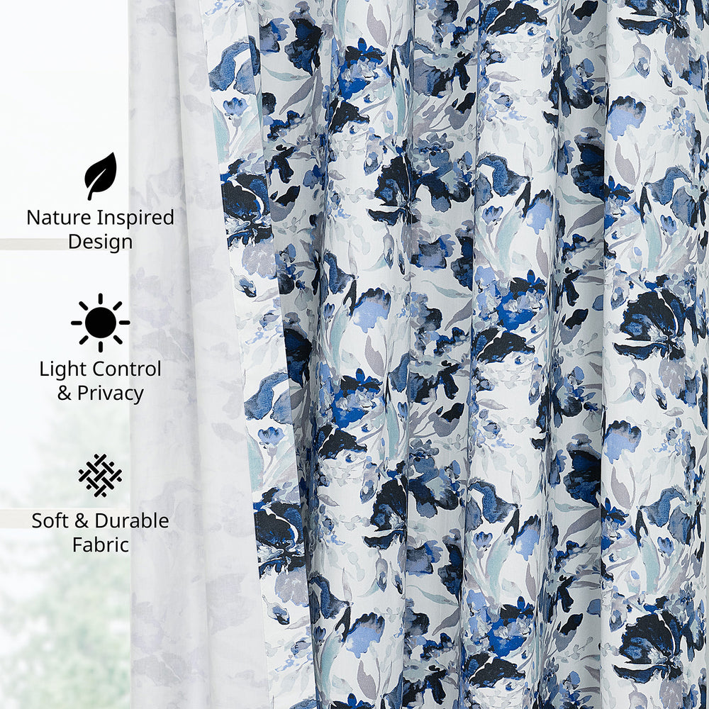 Watercolor Floral Blue Floral Artisan Bloom Printed Cotton Twill Room Darkening Curtain