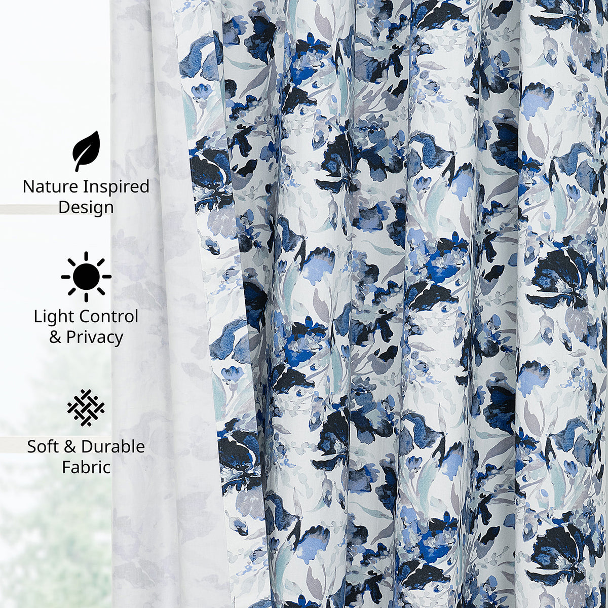 Watercolor Floral Blue Floral Artisan Bloom Printed Cotton Twill Room Darkening Curtain