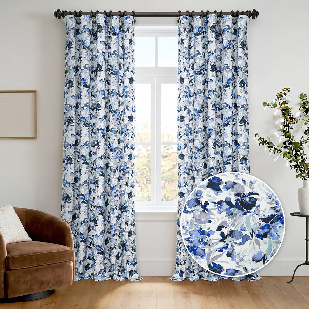 Watercolor Blue Floral Artisan Bloom Printed Cotton Twill Room Darkening Curtain
