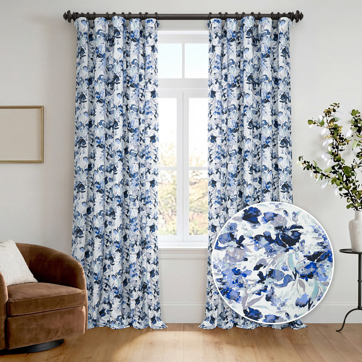 Watercolor Blue Floral Artisan Bloom Printed Cotton Twill Room Darkening Curtain