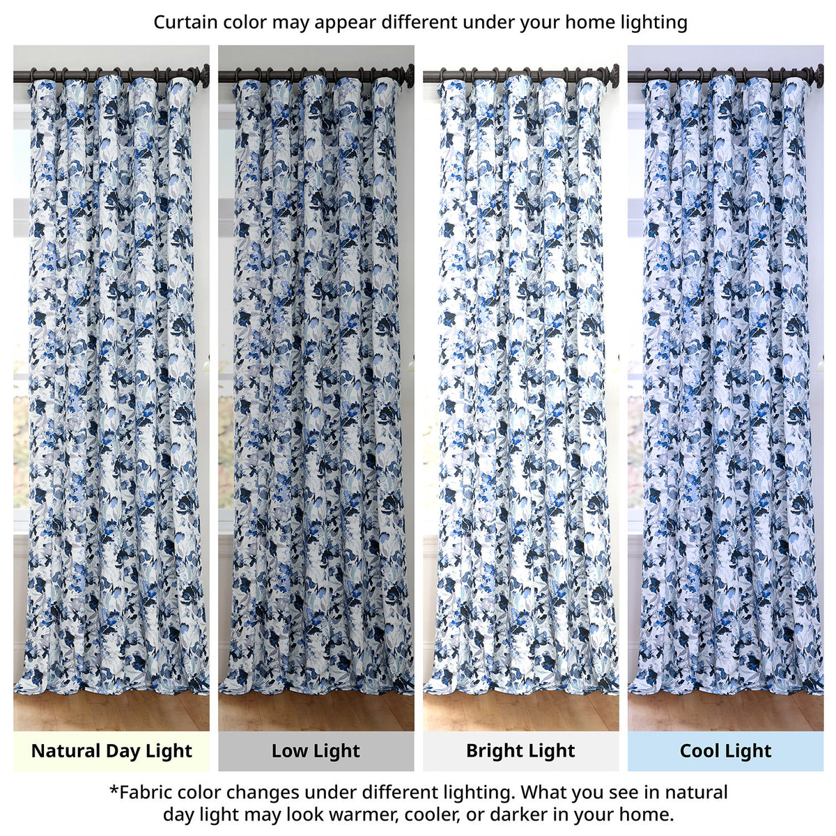 Watercolor Floral Blue Floral Artisan Bloom Printed Cotton Twill Room Darkening Curtain