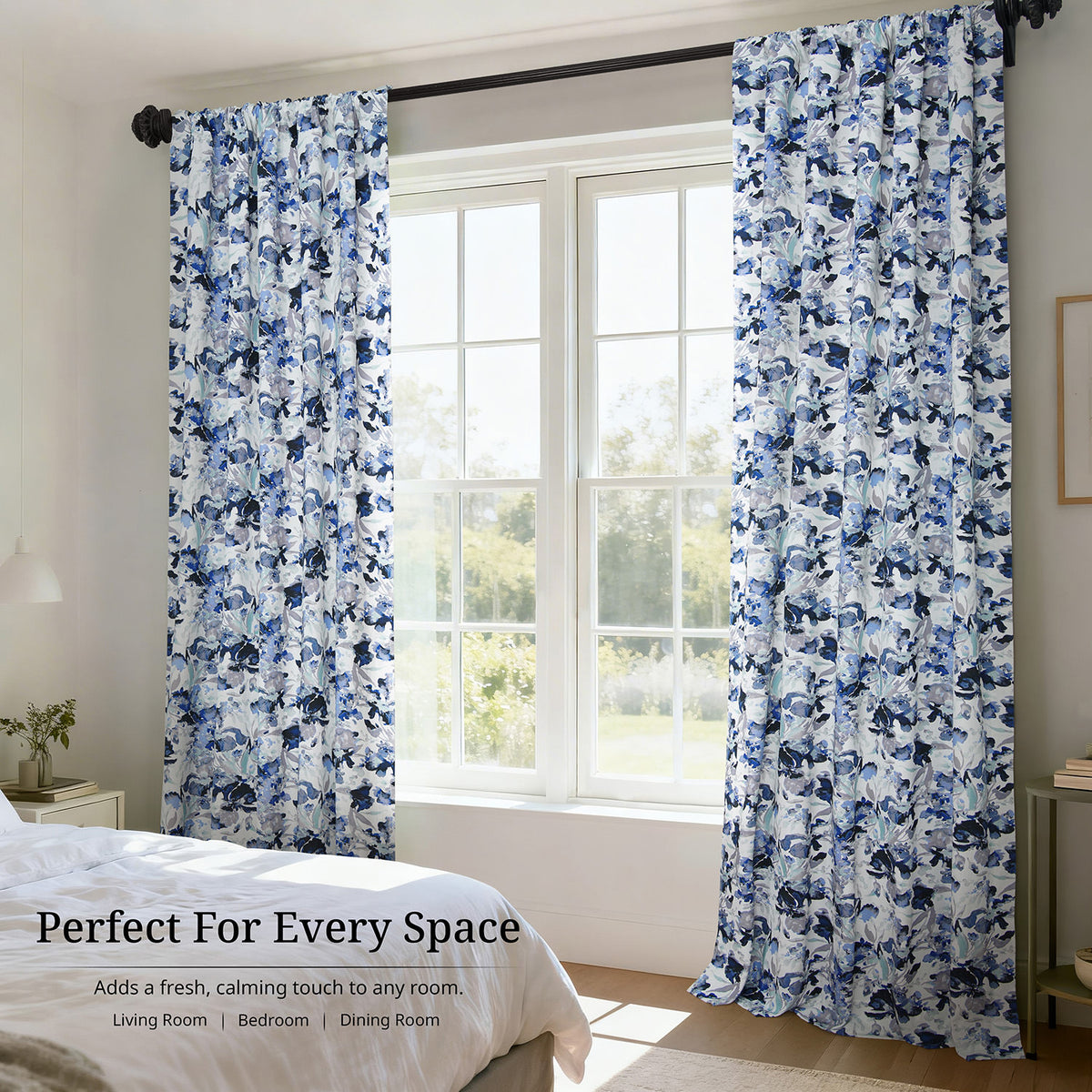 Watercolor Floral Blue Floral Artisan Bloom Printed Cotton Twill Room Darkening Curtain