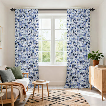 Watercolor Floral Blue Floral Artisan Bloom Printed Cotton Twill Custom Curtain