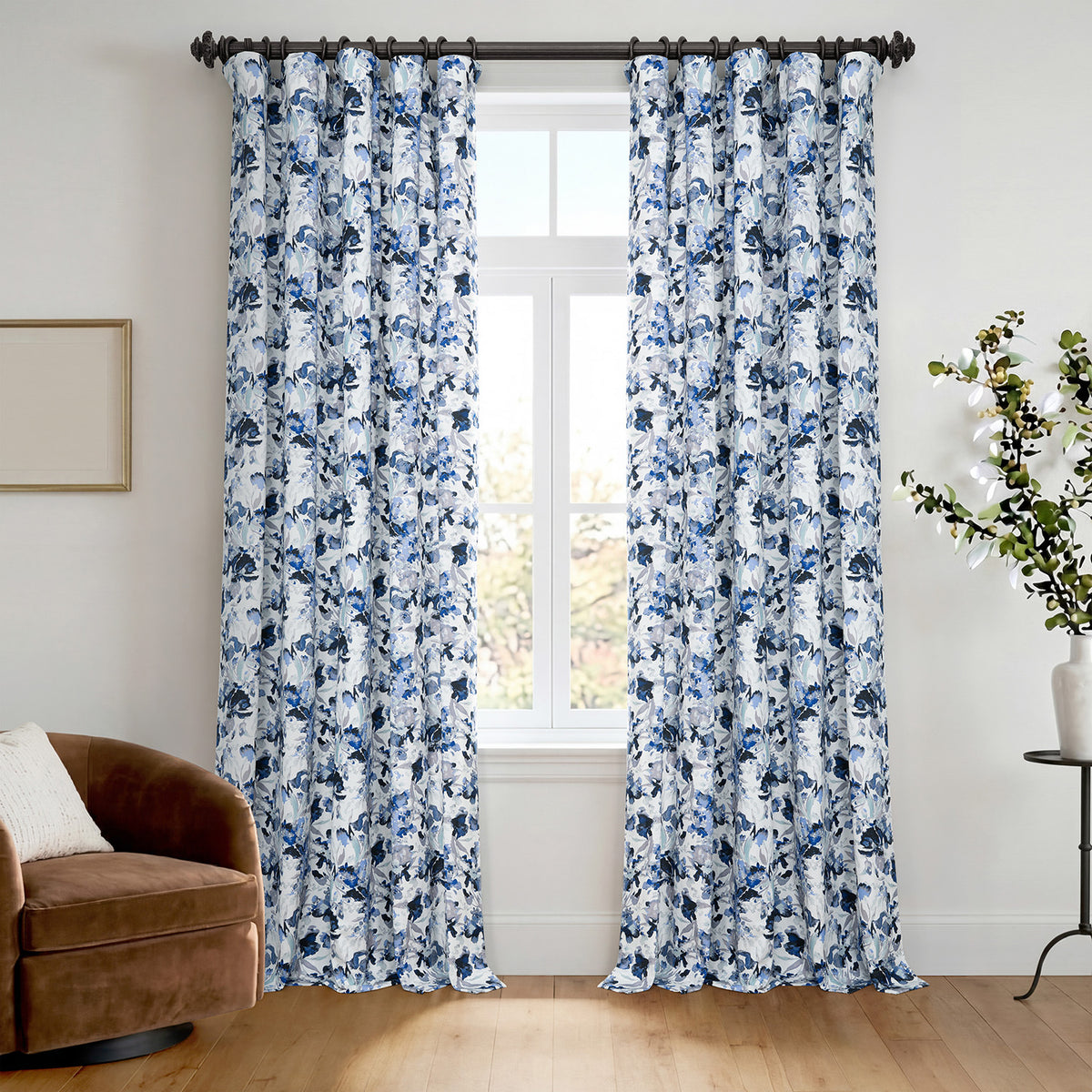 Watercolor Floral Blue Floral Artisan Bloom Printed Cotton Twill Room Darkening Curtain