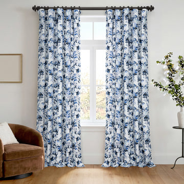 Watercolor Floral Blue Floral Artisan Bloom Printed Cotton Twill Room Darkening Curtain