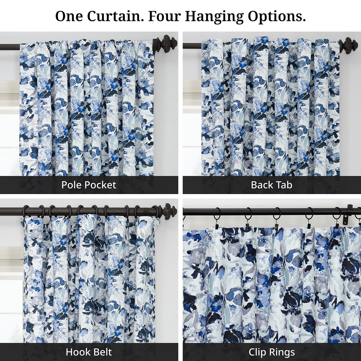 Watercolor Floral Blue Floral Artisan Bloom Printed Cotton Twill Room Darkening Curtain
