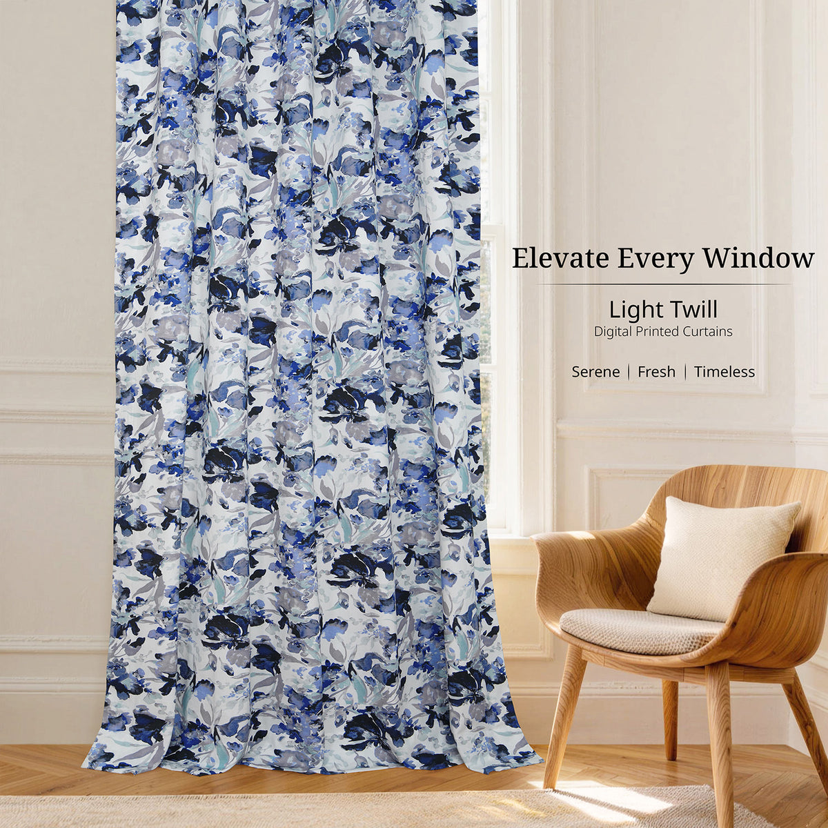 Watercolor Floral Blue Floral Artisan Bloom Printed Cotton Twill Room Darkening Curtain