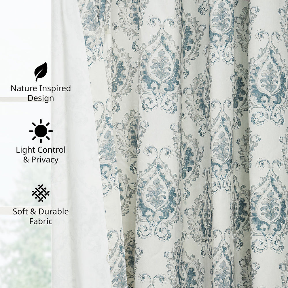 Aztec Geo Blue Damask Artisan Bloom Printed Cotton Twill Room Darkening Curtain