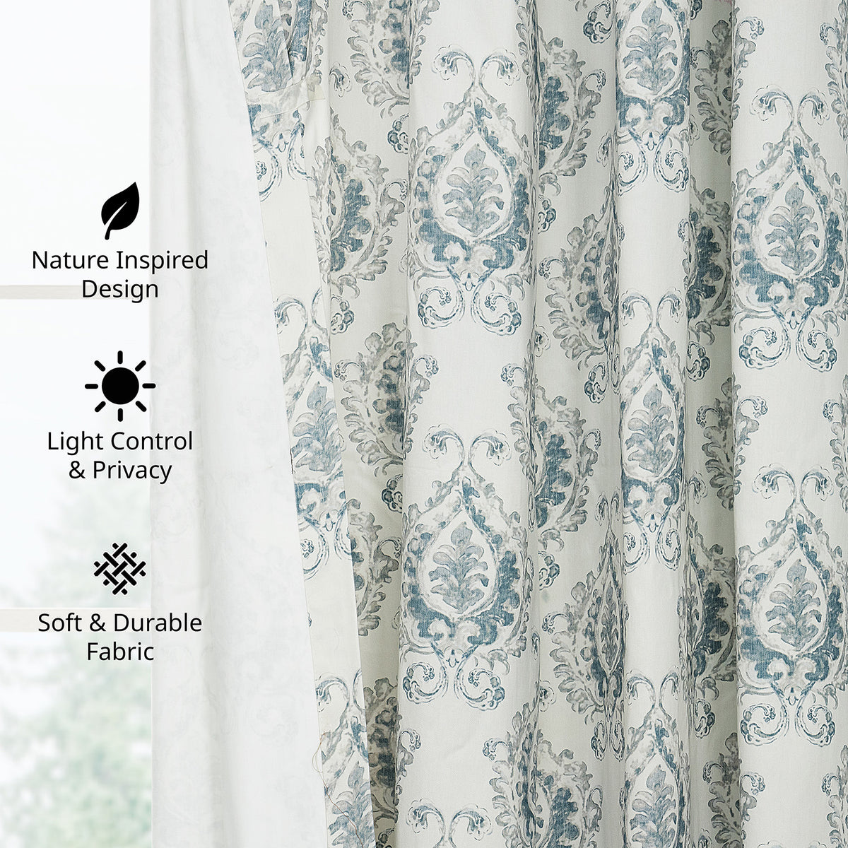 Aztec Geo Blue Damask Artisan Bloom Printed Cotton Twill Room Darkening Curtain