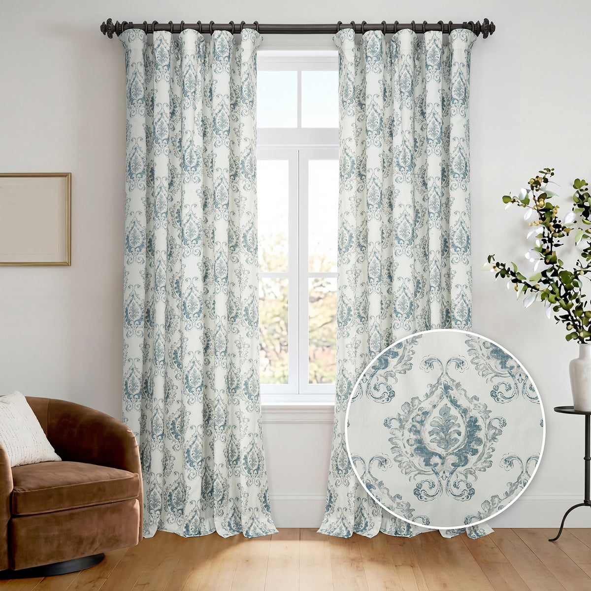 Aztec Geo Blue Damask Artisan Bloom Printed Cotton Twill Room Darkening Curtain