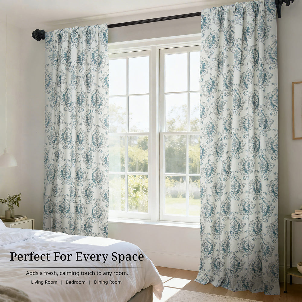 Aztec Geo Blue Damask Artisan Bloom Printed Cotton Twill Room Darkening Curtain