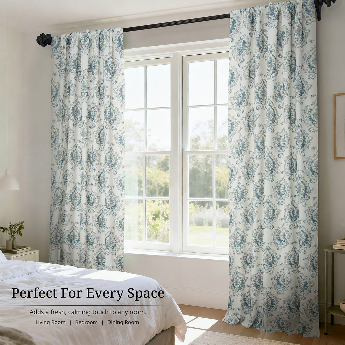 Aztec Geo Blue Damask Artisan Bloom Printed Cotton Twill Room Darkening Curtain
