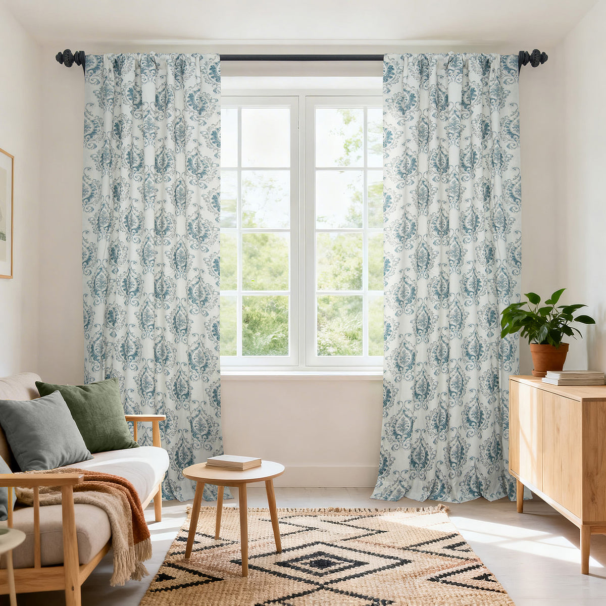 Aztec Geo Blue Damask Artisan Bloom Printed Cotton Twill Custom Curtain