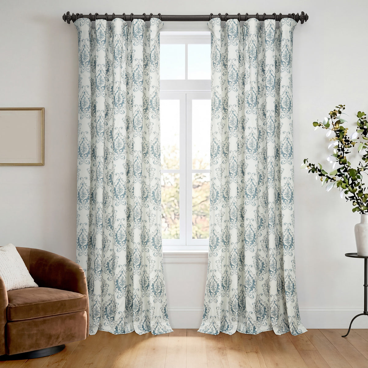 Aztec Geo Blue Damask Artisan Bloom Printed Cotton Twill Room Darkening Curtain