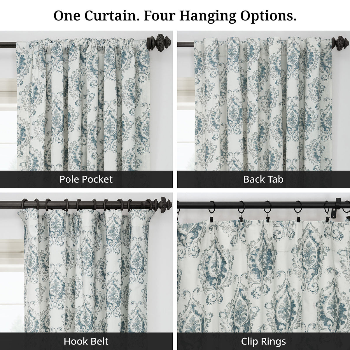 Aztec Geo Blue Damask Artisan Bloom Printed Cotton Twill Room Darkening Curtain